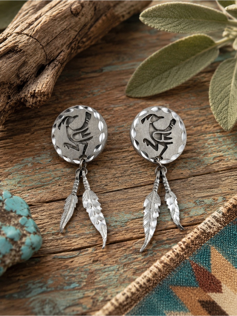 Southwestern Pewter Roadrunner & Feather Dangle Earrings